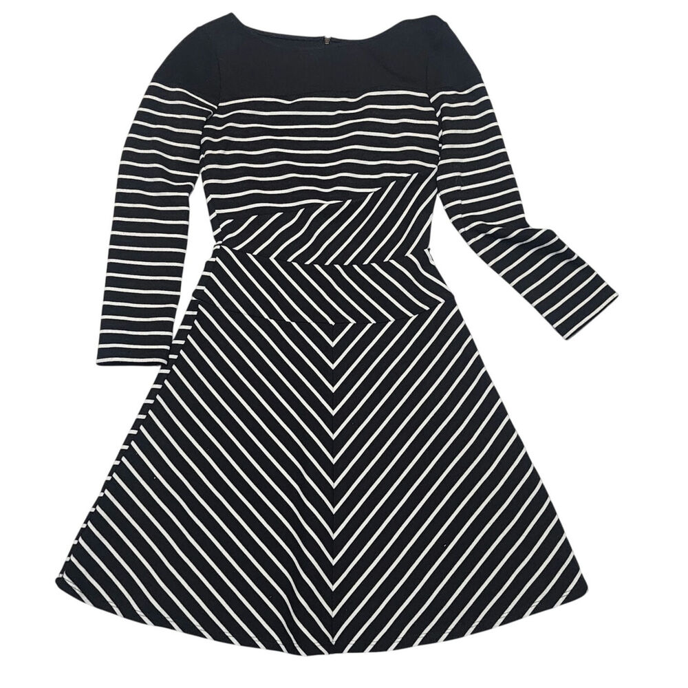 BCBGMAXAZRIA Koryn 3/4 Sleeve Stripped Dress XXS Geometirc Black/White
